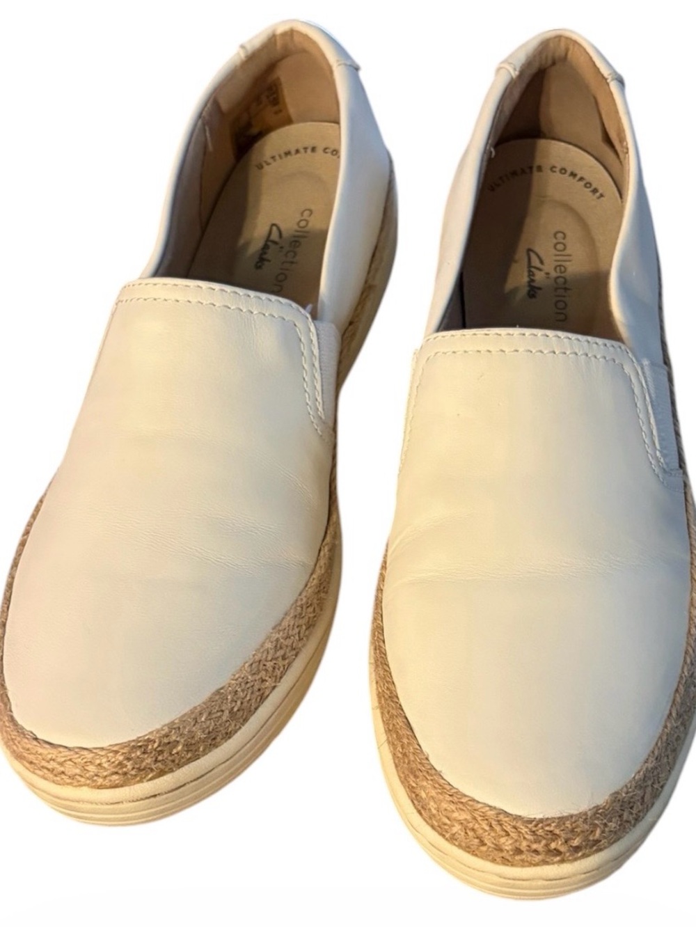 Clarks Collection Womenβs Marie Sail Slip-on Flat Loafer White Leather size 8